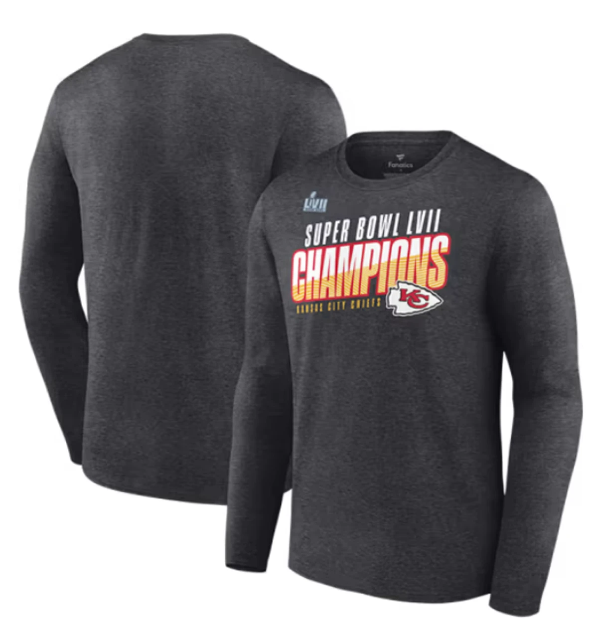 Fanatics Kansas City Chiefs S.B. LVII Champions Long Sleeve Heather Charcoal Tee 2XT, 3X, 3XT 3 Fanatics Kansas City Chiefs S.B. LVII Champions Long Sleeve Heather Charcoal Tee 2XT, 3X, 3XT
